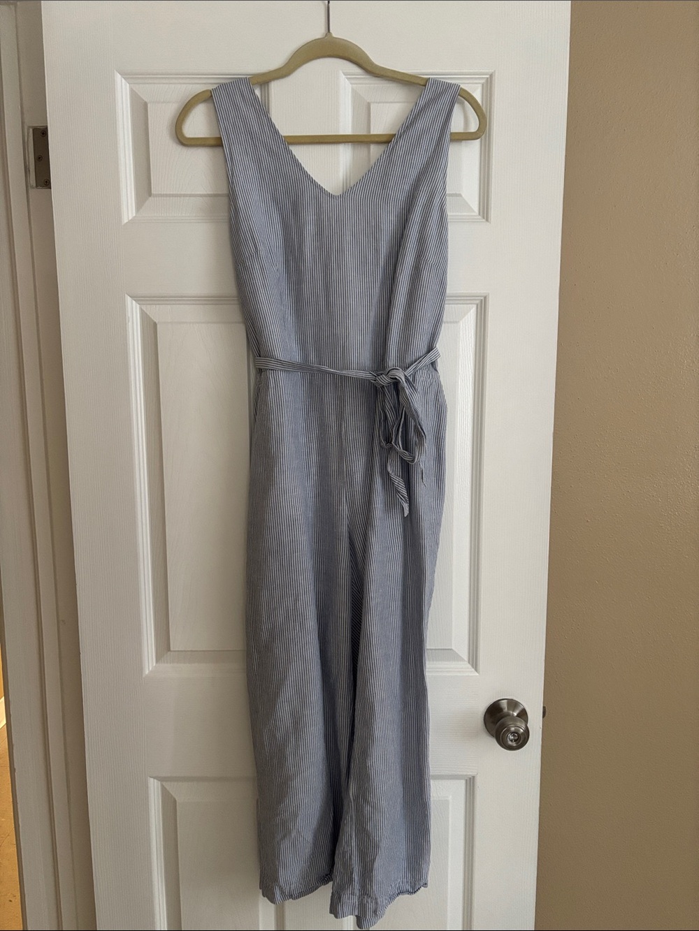 Talbots Light Blue Pinstripe Sleeveless Jumpsuit